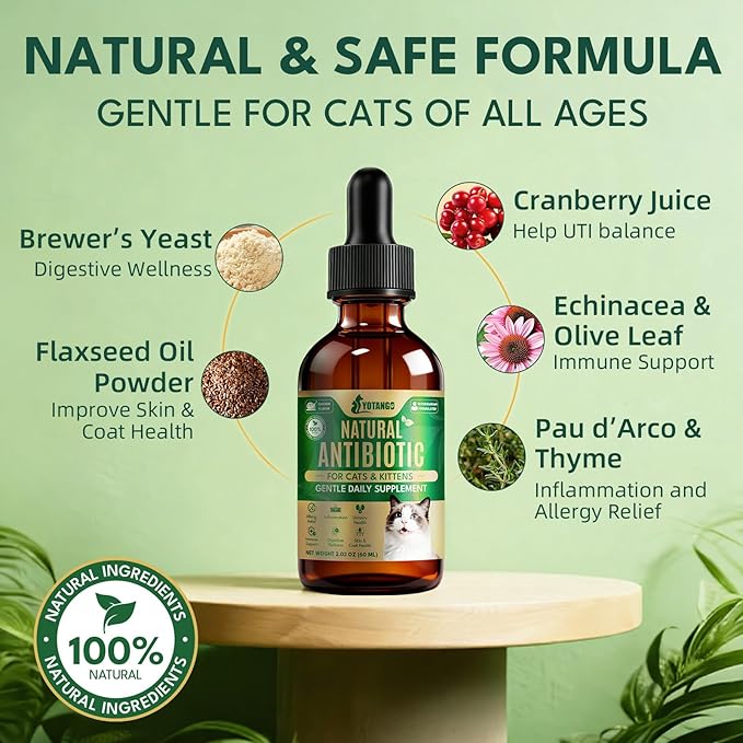 YOTANGO Natural Antibiotics for Cats, Cat Antibiotics for UTI & Itch Support, Immune, Digestive, Allergy, Skin & Coat Support for Cats and Kittens, for All Ages & Breeds (Chicken Flavor-60ml)