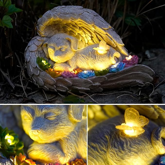 Dog Memorial Stone,Dog Memorial Pet Memorial Stone with Solar Angel Statue - Ideal for Garden or Tombstone Commemoration