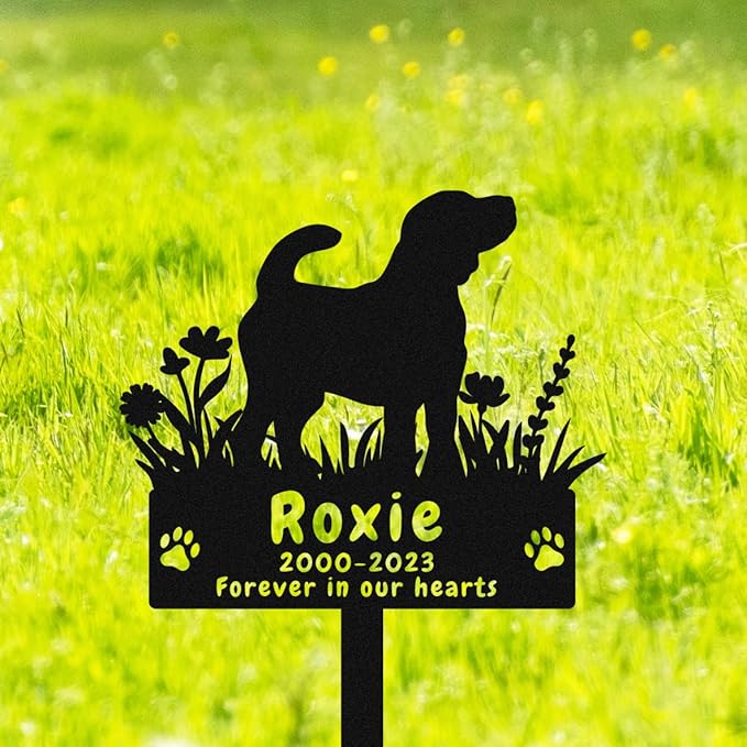 Custom Beagle Dog Memorial Grave Stake, Personalized Flowers Beagle Dog Memorial Grave Marker Headstone Metal Sign, Customized Outdoor Memorial Stake Plaque for Dog Owner Lovers