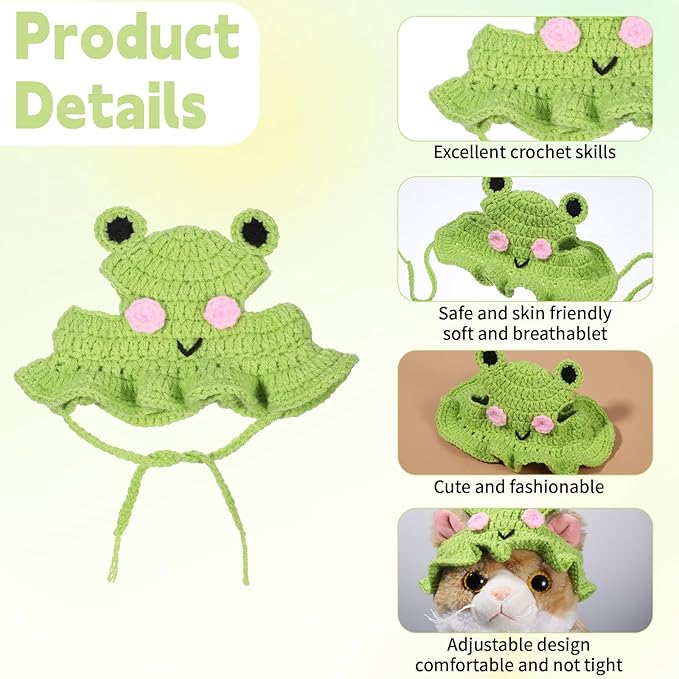1 PCS Cat Hat Cute Frog Shape Pet Cap Frog & Flower Cats Hat Cotton & Soft Cute Knitted Cats Hats Cutes Knitted Cat Costume for Small Pets (Green, M)