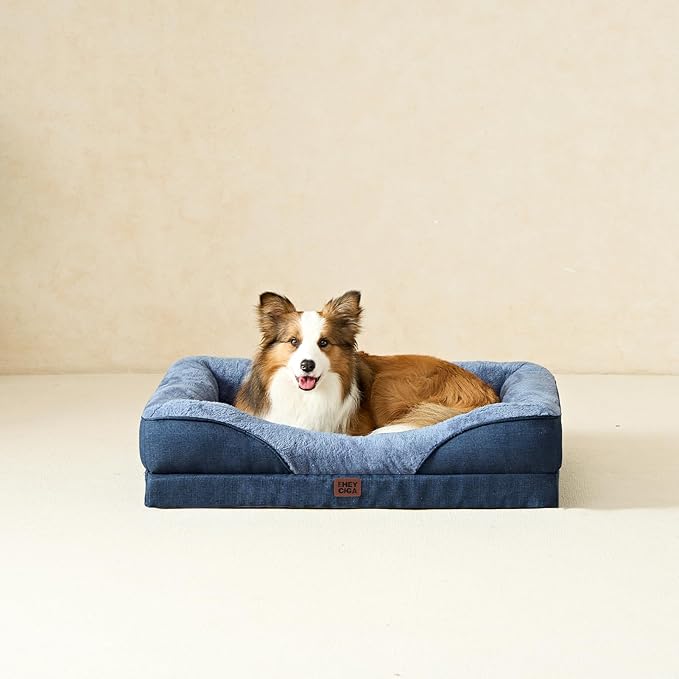 EHEYCIGA Orthopedic Dog Bed for Medium Dog, 35x22x6.5 Inch Memory Foam Dog Couch Bed with Sides, Waterproof Liner & Washable Removable Cover, Bolster Pet Sofa, Navy