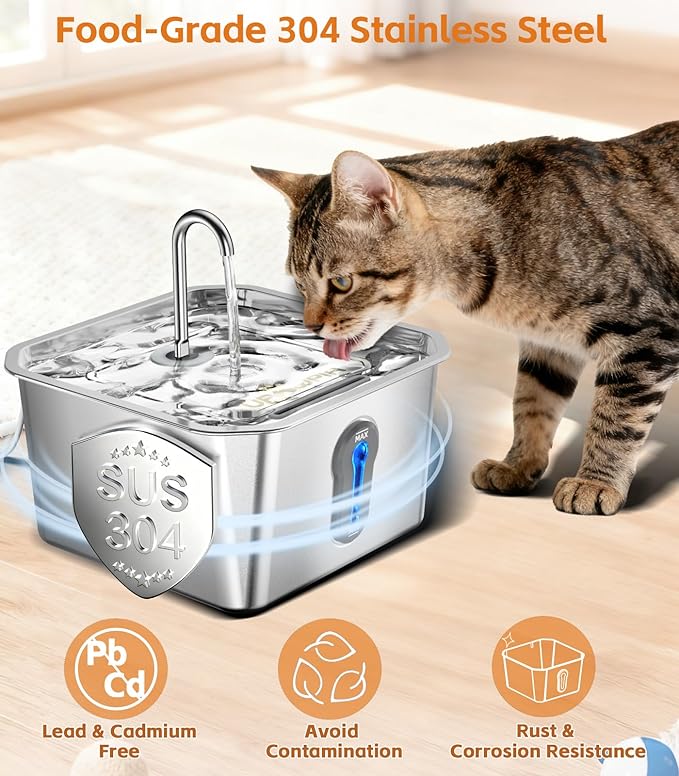 4L/135oz Large Cat Water Fountain Stainless Steel with 8 Filters Pet Water Fountain for Cats Quiet Indoor Pets Dog Small Animal Automatic Dog Water Dispenser for Drinking Watering Supplies