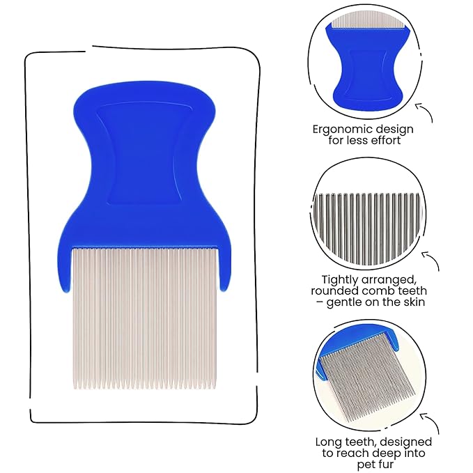 5 Pack Flea & Lice Comb Set for Cats, Dogs & Kids – Stainless Steel Fine Tooth Nit Comb Kit with Double-Sided Tear Stain Remover, Grooming Brush & Peine para Piojos for Thick Hair (Blue)