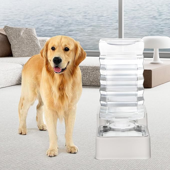 RIZZARI Stainless Steel Pet Water Feeder: 10L Gravity Leak-Proof Waterer - Auto Refill - Anti-Tip Base - No Power Needed - Easy Clean -with Filter - for 40-60 LB Dogs - Garage Kitchen Use