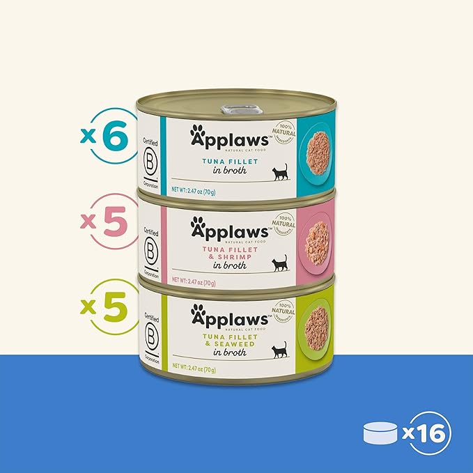 Applaws Natural Wet Canned Cat Food, Limited and Natural Ingredients, High Protein with No Artificial Additives, Fish Selection Variety Pack in Broth (16 x 2.47oz Cans)