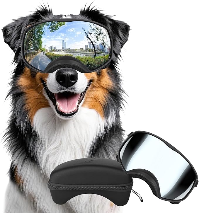 Dog Sunglasses UV Protection Silver Dog Goggles Windproof Glasses with Elastic Straps for Medium-Large Breed, Black Frame + Silver Lens