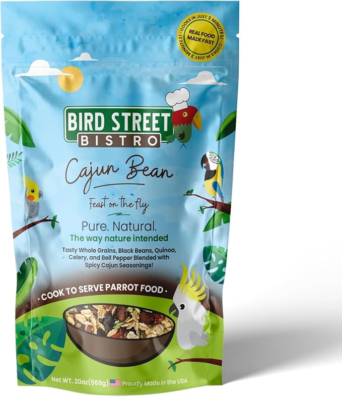 Bird Street Bistro Parrot Food for Parakeets & Cockatiels - Cajun Bean - 20 oz - Cooks in 3-15 min, Natural Grains, Fruits & Vegetables - USA Made
