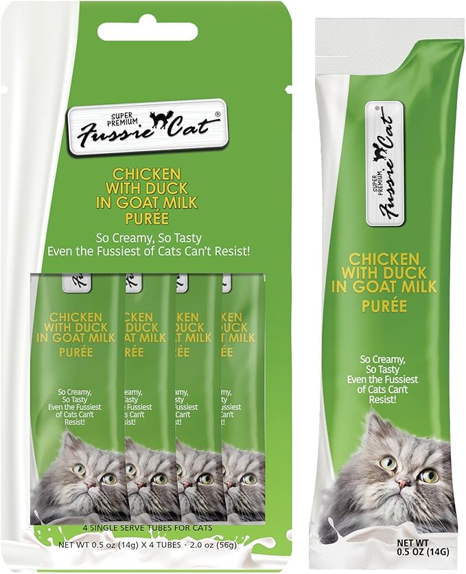 Fussie Cat Super Premium Chicken with Duck in Goat Milk Puree, lickable cat Treats, 0.5oz Pouch Pack of 4