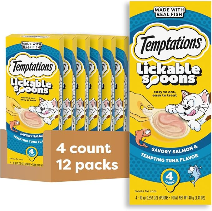 Temptations Lickable Spoons, Soft Lickable Cat Treats, Adult Wet Cat Treats, Savory Salmon and Tempting Tuna Flavor, 4 Spoons, Pack of 12 (48 Total)