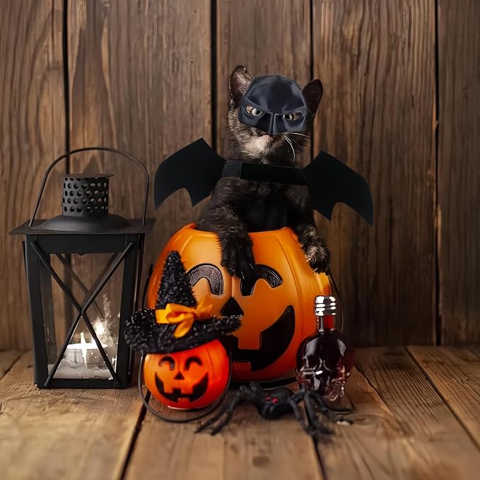 Cat Halloween Costumes, Cat Bat Mask and Bat Wings Set for Halloween Party Decoration, Pet Cosplay Costume for Cats and Small Dogs(Mask and Large Wings)