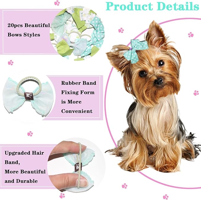 Small Dog Hair Bows, 20 Pack Handmade Bowknot Set, Green and Mint Mix Styles for Yorkie Grooming