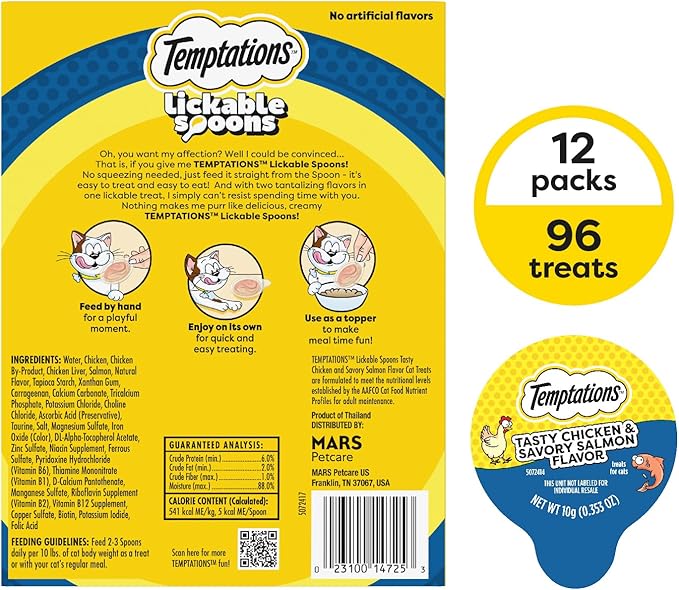 Temptations Lickable Spoons, Soft Lickable Cat Treats, Adult Wet Cat Treats, Tasty Chicken and Savory Salmon Flavor, 8 Spoons, Pack of 12 (96 Total)