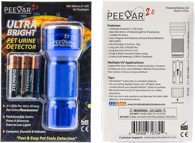 2.0 UV Pet Urine Detector Black Light LED Flashlight + Cat & Dog Behavior Guide. Ultra Bright Optimal 380-385NM Wavelength Finds Invisible Stains Instantly! Stop Pet Pee Issues Forever