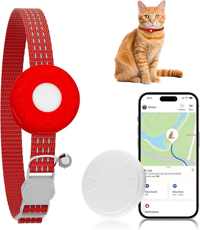 GPS Tracker for Cats, Cat Tracker, Cat GPS Tracker Compatible with Apple Find My App (Only iOS), No Monthly Fee or Subscription (White Tracker, Red Cat Collar)