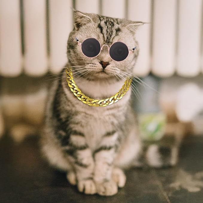 Cat Costume Sunglasses with Collar Chain, Retro Pet Eyeglasses Funny Kittens Costume Docorations Cosplay Dog Puppies Photo Props for Birthday (Gold)