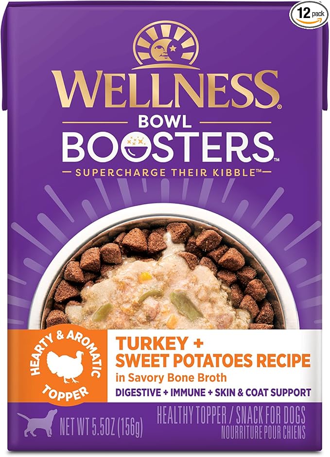 Wellness Bowl Boosters Hearty Topper Wet Dog Food for Small, Medium, and Large Breeds, Grain Free, Natural, Turkey and Sweet Potatoes Recipe, 5.5 oz, Pack of 12