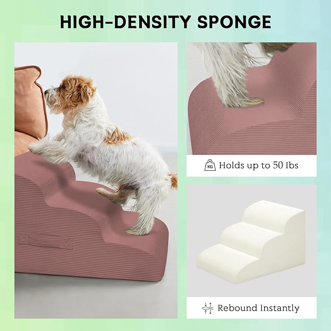 Dog Steps for Small Dogs, 3-Step Pet Ramp Stairs for High Beds and Sofa, Non-Slip Pet Stairs for Small Dogs and Cats, Removable and Easy to Clean Cover, Pink