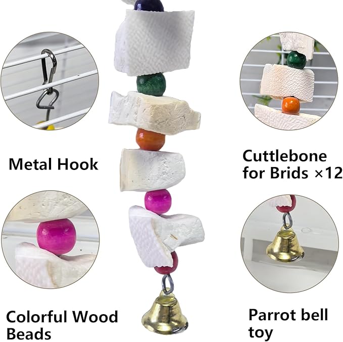 2 Pack Bird Toys, Parakeet Toys with Cuttlebone, Natural Cuttle Bone Bird Beak Grinding Stone & Parrot Chew Cuttlebone Cage Accessories with Bell for Budgie, Conure, Lovebird - 12 Pieces