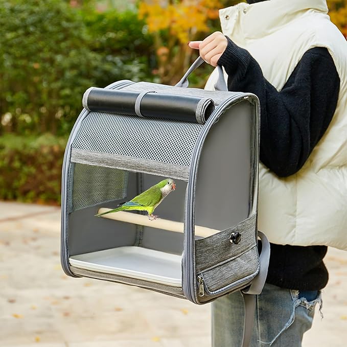 Folded Bird Travel Backpacks Cage with Detachable Perches and Transparents Window for Pet Outdoor Bird Carriers for Conures & Budgies