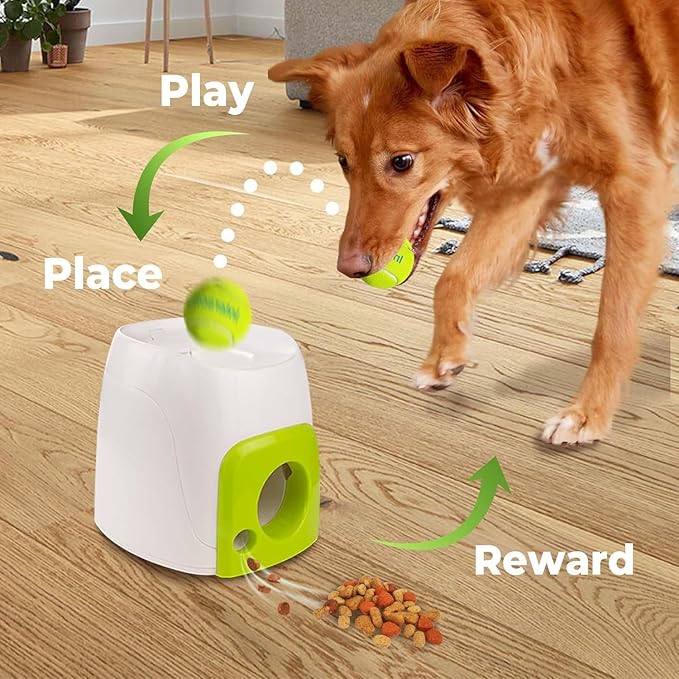 Automatic Tennis Ball Thrower, Dog Feeder and Launcher Toy Ball，Multipurpose Dog Launcher and Treat Dispenser, Automatic Tennis Toy with Rewards for Small and Medium Size Dogs