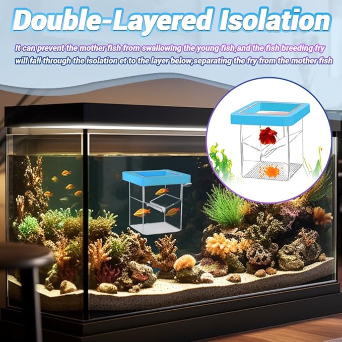 Breeder Box for Fish Tank,Isolation Breeding Box with Layered Design,Floating Fish Breeder Box for Aquarium,Adsorption and Suspension,Blue