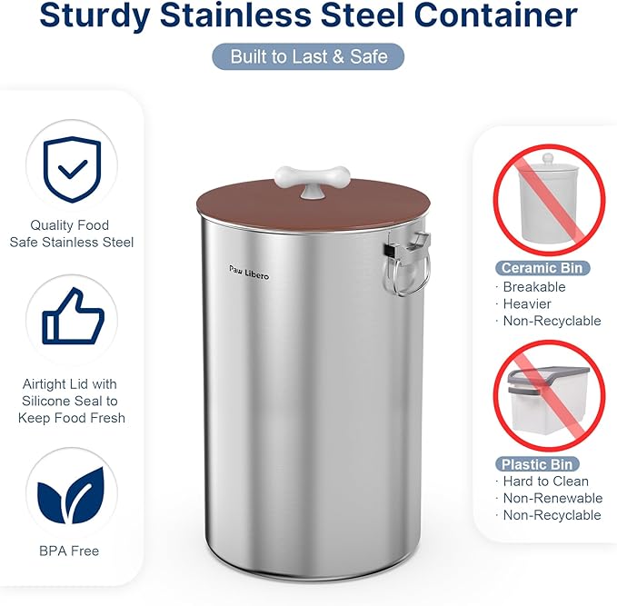 2PK 35 Lbs Stainless Steel Dog Food Storage Container with Airtight Lid & Ceramic Bone Handle, Large Metal Dog Food Bin for Dogs & Cats, Keep Fresh, Easy to Clean