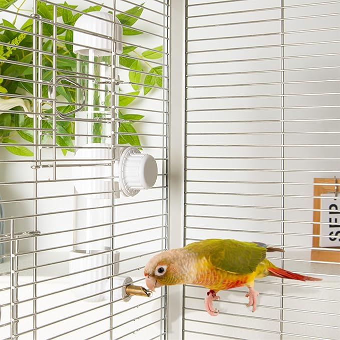 9.4 Fl Oz No Mess Bird Water Dispenser, Automatic Parrot Water Feeder with Spring Valve, Clear Cage Water Drinker for Parakeets Cockatiels Budgies Finch Lovebirds & Canary (White, 9.4 fl oz (280ml))