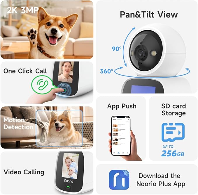 Noorio Two Way Video Calling Camera, 2K One Click Call Pet Camera Indoor with Phone App, 2.4G WiFi Only 360° PTZ Dog Cam with Speaker, CL200
