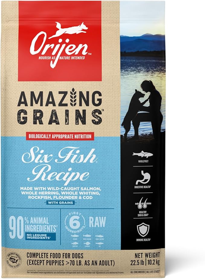 ORIJEN Amazing Grains High Protein Dry Dog Food Six Fish Recipe 22.5lb Bag
