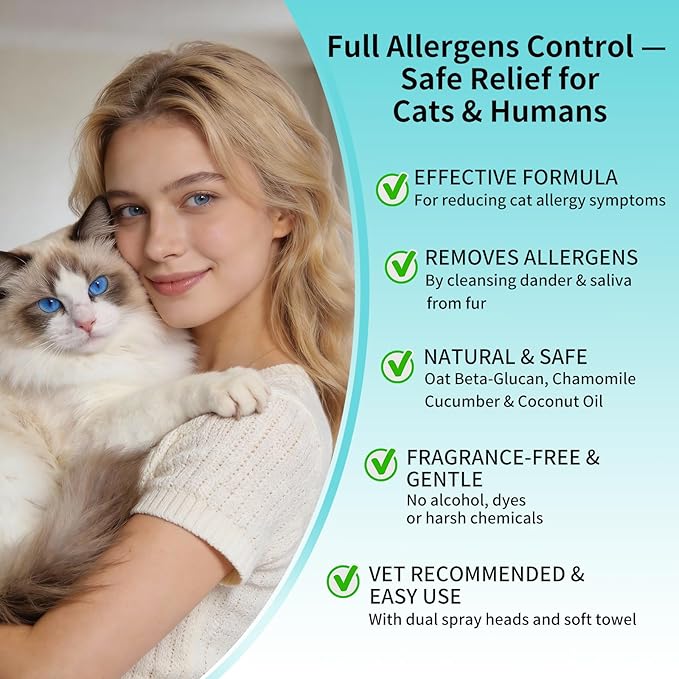Cat Dander Remover Spray – Natural & Safe Allergy Relief for Cats & Humans, Relieves Itchy Skin & Reduces Dander – Includes 2 Spray Heads & Cleaning Cloth