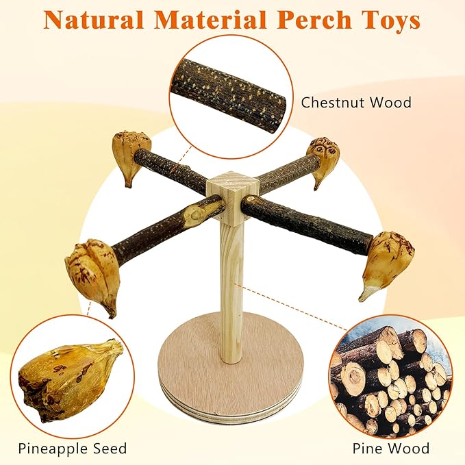 Rotating Bird Perch Stand Toy Natural Wooden Parakeet Toys with Edible Chew Toy Interactive Spinning Toy Bird Cage Accessories for Parakeets Budgies Conures Cockatiels Lovebirds Finches