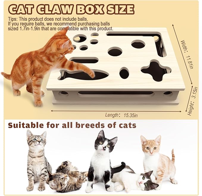 Cat Scratch Puzzle Enrichment Box, Large Solid Wood Construction Cat Nail File Enrichment Box with Sandpaper Inside, Cat Nail File Box Stress Free Alternative to Clippers and Grinders(No Bell Ball)