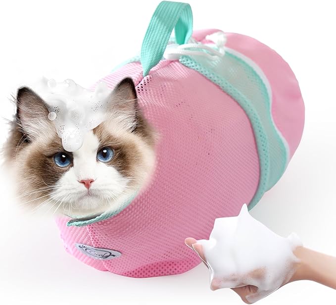 Cinf Cat Bathing Bag, Breathable Mesh Anti Scratch Adjustable Cat Grooming Bag for Nail Trimming, Bathing Soft Cat Washing Bag(Spring) M