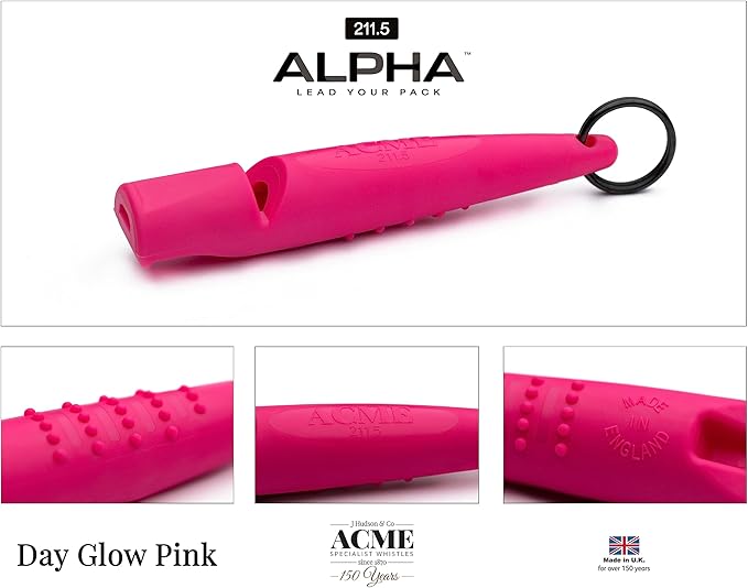 ACME Alpha 211.5 Professional Dog Training Whistle with Enhanced Ergonomic Grip. BPA-Free Plastic. 110 dBA. Long Range. Standardized Frequency. Weatherproof. Made in The UK (Day Glow Pink)