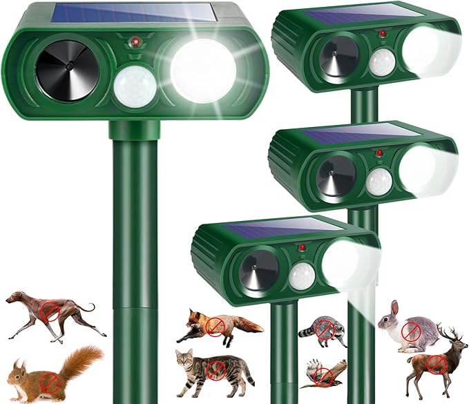 2026 Upgraded Solar Ultrasonic Animal Repellent Cat Deterrent Outdoor Deer Repellent Devices Motion Detection Strobe Light,Waterproof Squirrel Skunk Raccoon Dog Rabbit Deterrent for Garden Yard,4 Pack