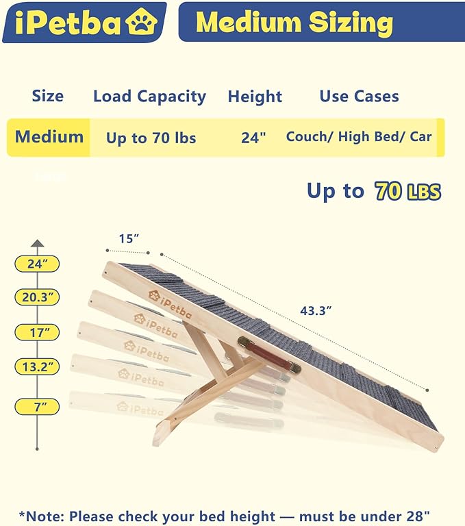 Dog Ramp for Bed & Couch for Small & Medium Dogs - Joint-Friendly, Anti-Slip, Adjustable, Odor-Free, Up to 70 lbs