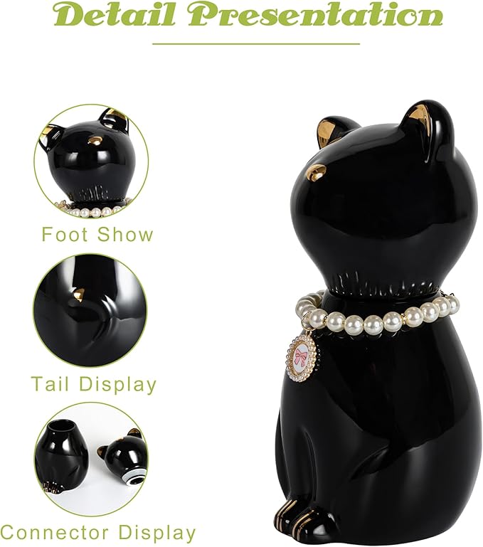 Cat Urns for Ashes, Elegant Ceramics Pets Cremation Keepsake, Funerary Urns Black Pet Urn for Cats Memorial Box with Personalized Necklace (20lbs)
