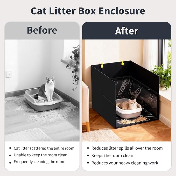 Aokeyee Waterproof Cat Litter Box Enclosure Splash Guard with Removable PVC Mat, Foldable Black Pet Litter Box Shield with 2 Hooks