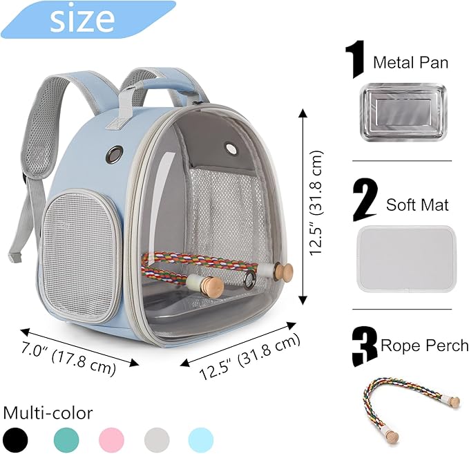Small Bird Travel Backpack Carrier Cage, Backpack to Transport Backpack Carrier with Metal Tray Stand Perch for Parakeet Cockatiel Budgies Vet Carry Bag
