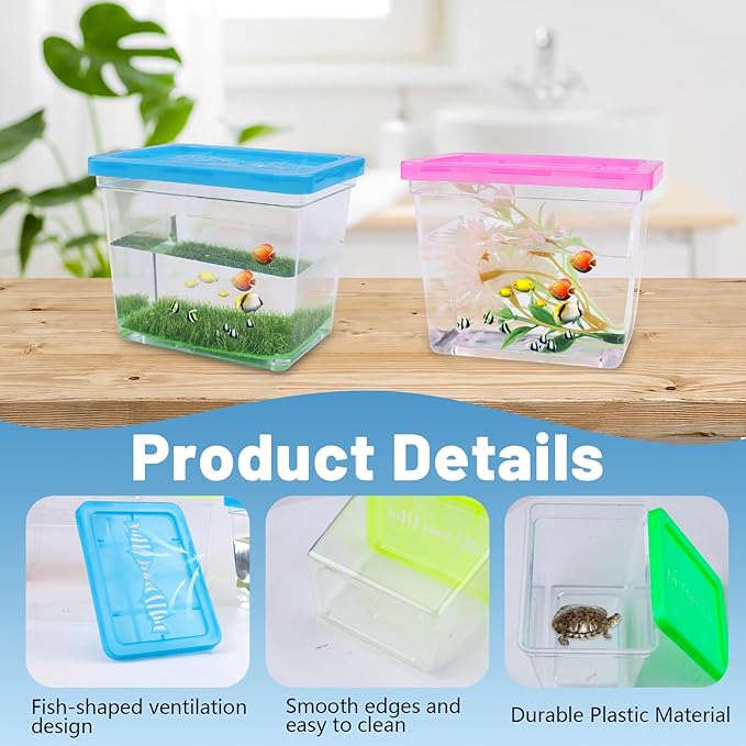 25 Pack Plastic Fish Bowl with Lids, 12 Oz Small Rectangle Gold Fish Tank, Fishbowl Candy Bowl, Tarantula Enclosure Snake Breeding Case, Mini Fish Box for Pets