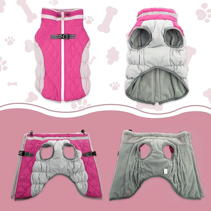 Lelepet Dog Coat Warm Dog Winter Coat Waterproof Dogs Jacket with Harness Built in Reflective Pet Fleece Vest Zip-Up Cold Weather Coats for Dogs Turtleneck & Windproof Coats Chihuahua Rose Red XS