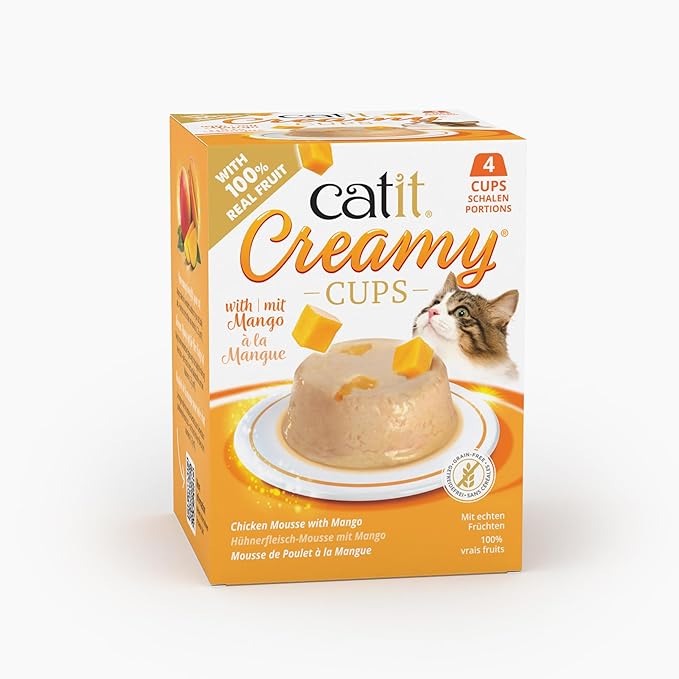 Catit Creamy Cups Cat Treats – Chicken/Mango 4 Pack for Cats & Kittens – Grain-Free, No Salt or Preservatives