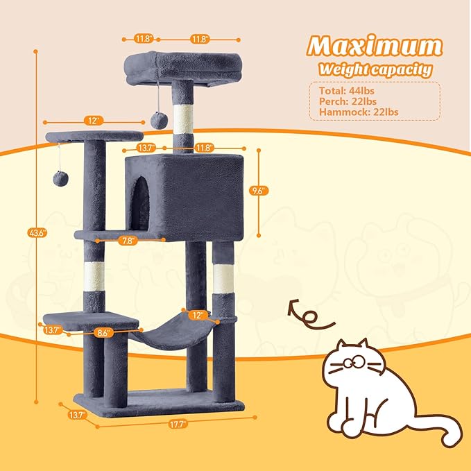 Sweetcrispy 44 Inch Cat Tree Tower, Cat Climbing Tower with Natural Sisal Scratching Posts, Hammock, Pet Condo for Indoor Cats and Kittens Play, Dark Grey