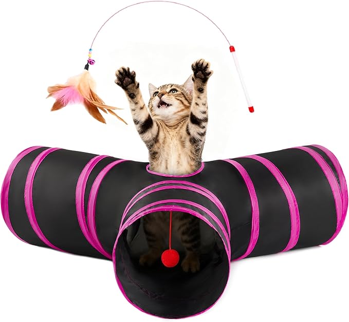 Love’s Cabin Cat Tunnel for Indoor Cats, 3-Way Collapsible Play Tunnel with Teaser Wand, Peek Holes & Toy Ball, Small Pet Toy for Kittens & Rabbits, White & Light Grey, Medium Size