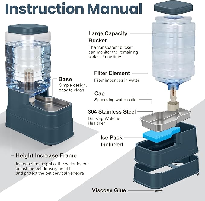 Automatic Dog Water Dispenser Gravity Stainless Steel Water Feeder Cat Waterer Feeder with Wide Mouth Bowl for Small Medium Dog Puppy Kitten (Filter &Ice Pack Included) 2.2Gallon Navy