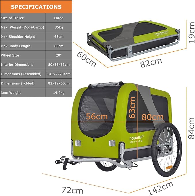 DOGGYHUT® Premium Large Pet Bike Trailer for Medium or Large Dog, Up to 78 lbs,Dog Bicycle Carrier,Low Center of Gravity,Easy Folding Frame