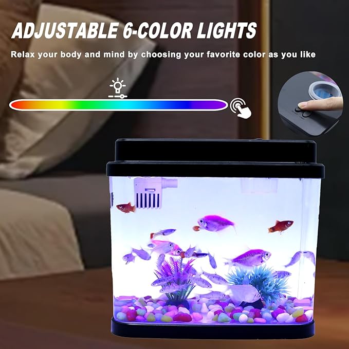 Mini Aquarium Fish Tank,1 Gallon Fish Bowl with Adjustable 6-Color LED Lamps,Filtration,Oxygenation,Water Circulation 3 in 1 Pump,DIY Ocean Stickers, Excellent Gifts for Children and Adults