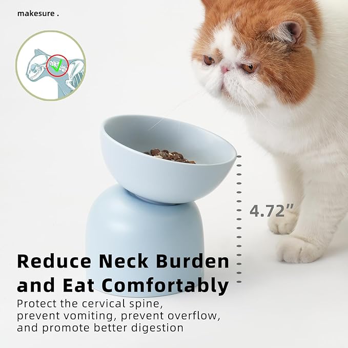 Elevated Ceramic Cat Food Bowl - 5.5" Wide Dish for Whikser Friendly, 6.6" Height for Easy Feeding, Lead & Cadmium Free, Durable Raised Cat Food Bowls, Blue