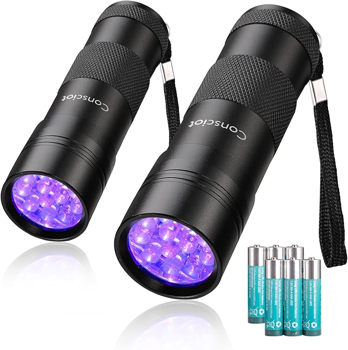 2 Pack UV Flashlight Black Light, Consciot 12 LED 395nm Ultraviolet Blacklight, Portable Mini Torch Light Pet Urine Detector for Dog/Cat Urine, Dry Stains, Bed Bug, Matching with Pet Odor Eliminator