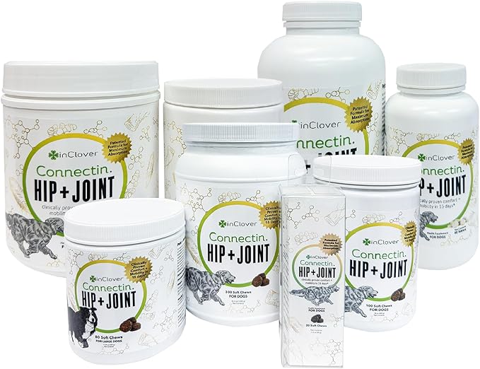 In Clover InClover Connectin Hip and Joint Supplement for Dogs. Combines Glucosamine, Chondroitin and Hyaluronic Acid with Herbs for Comfort and Mobility